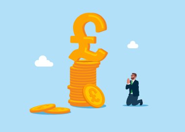 İşadamı Sterlin 'e tapıyor, maddi yardıma ihtiyacı var. İş adamları için mali ve yatırım motivasyonu. Düz vektör illüstrasyonu