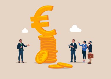 Bir yığın bozuk parayla ayakta duran ve Euro 'yu imzalayan işadamları. İş stratejisi, yatırım, zenginlik, yönetim, pazarlama. Düz vektör illüstrasyonu