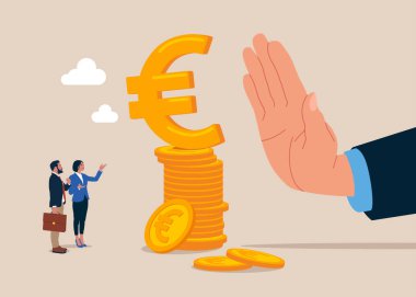 Yasa dışı para transferiyle yolsuzlukla mücadele sahnesi. Elinde bozuk paralarla Avrupa 'yı imzalayan bir işadamı. Düz vektör illüstrasyonu