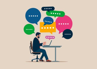 Yazılım mühendisi internette konuşma baloncuklarıyla çalışmayı tartışıyor. Tartışma, konuşma, toplantı, takım iletişimi, iş arkadaşı sohbeti, görüş. Düz vektör illüstrasyonu. 