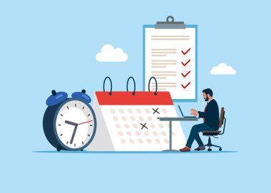 İşi tamamlamak ya da iş hedefine ulaşmak için öz disiplinli yazılım mühendisi, tamamlanmış görev kağıdında saat ve takvimi dengeleyen iş adamı. Düz vektör illüstrasyonu