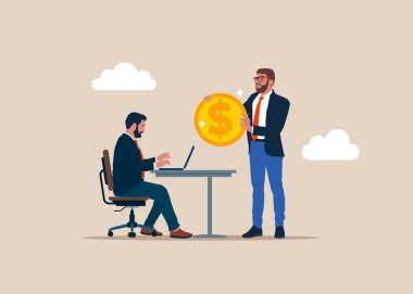 Para arzusu patron. Para hayalleri kuran yazılım mühendisi için finansal ve yatırım motivasyonu. Modern düz vektör illüstrasyonu.