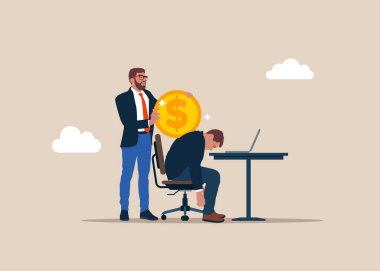 Enerji açığı yaşayan ve idari görevleri tamamlama arzusu olmayan işçiler için mali ve yatırım motivasyonu. İş yerinde dizüstü bilgisayarla uyuyakalmış. Vektör illüstrasyonu