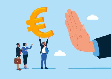 İşadamı avroya işaret ediyor. Yasa dışı para transferiyle yolsuzlukla mücadele sahnesi. Düz vektör illüstrasyonu