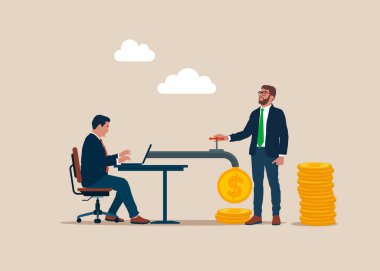 İşadamı, yazılım mühendisi olan patron ve paralı laptop. Finansal yatırımlar. Bilgisayardan bir dolarlık madeni paralar. Rüşvet, maaş. Düz vektör illüstrasyonu 