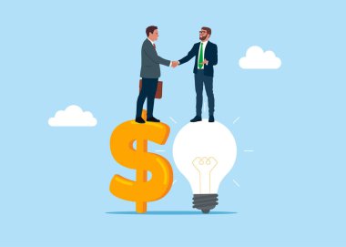 Girişimci ampul fikrinin üzerinde durup el sıkışırken dolar işareti ile iş adamının elini sıkar. Fikir sunumu, bağış toplama ve risk sermayesi, iş veya birleşme anlaşması konsepti. Vektör