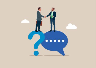 Soru ve cevap, problem çözme ya da iş çözümleri kavramı. Çözüm problemi, zor soruya cevap ya da yenilik iş başarısına yardımcı olur. Düz vektör illüstrasyonu