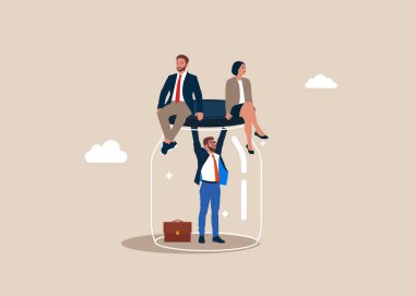 İş kısıtlamaları, durgunluk, içki yasağı. İş adamı cam kavanozun kapağını açmaya çalışıyor. İş finansmanı. Düz vektör illüstrasyonu 