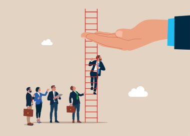 İş desteği. Elle başarı merdivenine tırmanmaya yardım et. Kariyer okşamayı seç. Çalışanlar için şirket desteği, çalışanlar için bakım. Düz vektör illüstrasyonu