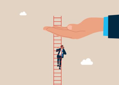 Elle başarı merdivenine tırmanmaya yardım et. Liderlik vizyonu ilham verici. Kariyer okşamayı seç. İş adamına destek. Düz vektör illüstrasyonu