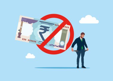 Üzgün işadamı parasız ceplerini gösteriyor. Beş parasız iş adamı. Cebinde Rupi yok. İçki yasağı para etiketi uyarısı ve yasak. Düz vektör illüstrasyonu