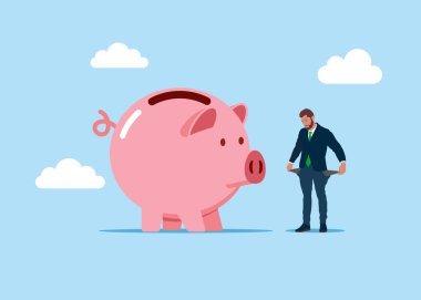 Mutsuz işadamı domuz kumbarasında parasız ceplerini gösteriyor. Beş parasız iş adamı. Borç geri ödeme, taksit planı. Kumbarada para yok. Düz biçimli modern vektör illüstrasyonu