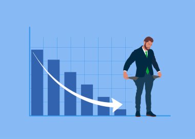Finansal borç veya kriz, işsizlik veya gelir eksikliğinden kaynaklanan yatırım riski. Üzgün işadamı parasız ceplerini gösteriyor. Düz vektör illüstrasyonu 