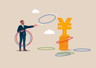 İş adamı ring oyunu oynar. Hassasiyet testi yapmaya karar verin. İş geliştirme ve büyüme konsepti. İş stratejisi, yatırım. Bozuk para yığını ve Japon Yuan 'ı imzala. Vektör.