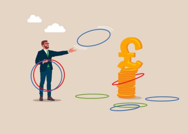 İş adamı ring oyunu oynar. Hassasiyet testi yapmaya karar verin. İş geliştirme ve büyüme konsepti. İş stratejisi, yönetim, pazarlama. Bozuk para yığını ve sterlin işareti. Vektör