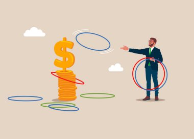 İş adamı ring oyunu oynar. Hassasiyet testi yapmaya karar verin. İş geliştirme ve büyüme konsepti. İş stratejisi, yatırım, zenginlik, yönetim, pazarlama. Dolar parası..