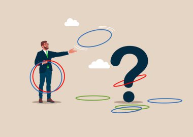 İş adamı ring oyunu oynar. Hassasiyet testi yapmaya karar verin. Merakı araştırmak için soru işareti bilinmeyen, yeni iş fırsatları, başarı kavramı. Düz vektör illüstrasyonu