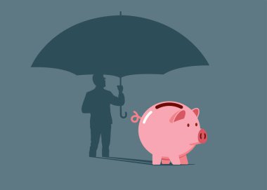 Domuz kumbarası, şemsiye altında iş adamı gölgesi bırakıyor. İş gelirleri koruması. Düz modern vektör illüstrasyonu