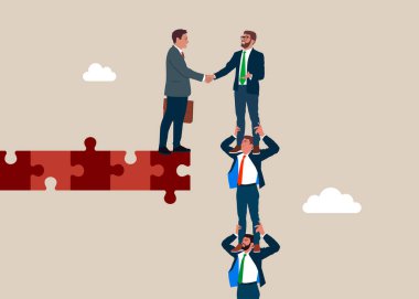 İş adamları birbirlerini omuzlarında taşıyorlar. İş birleşme ve iş adamlarıyla el sıkışma bulmaca köprüsünü bağlama, pazarlığın sonu, başarı. Düz vektör illüstrasyonu