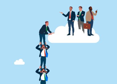 İş adamı birbirini omuzlarında tutuyor. İşçiler buluta tırmanırken meslektaşlarına yer kalmıyor. Şirket yönetim kurulunda hakimiyet, yönetim pozisyonunda eşitsizlik.