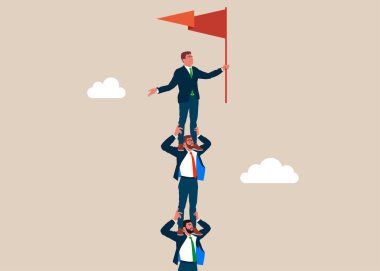 Bir sonraki seviyeye tırman. İş adamları birbirlerini omuzlarında taşıyorlar. İş kavramı bir merdiven şirketi başarısı. Düz vektör illüstrasyonu