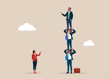 İş adamları birbirlerini omuzlarında taşıyorlar. Cinsiyet maaş farkı, kadın ve erkek arasındaki eşitsizlik, cinsiyet çeşitliliği sorunu. Düz vektör illüstrasyonu