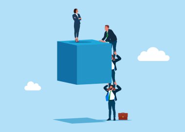 İş adamları ve kadın askıya alınmış bir küpün tepesinde geleceği izliyorlar. Başarı şirketi. Düz vektör illüstrasyonu