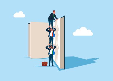 İş adamları birbirlerini omuzlarında taşıyorlar. Kitabın tepesindeki bilge işçi. Bilgi, iş başarısı elde etmek için beceri geliştirme, öğrenme ve öğrenim adımları atar.. 