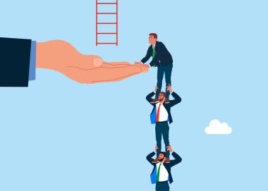 İş adamları birbirlerini omuzlarında taşıyorlar. İş desteği. İş adamları ve büyük eller, iş fırsatı için başarı basamaklarını tırmanmaya yardım eder. Düz vektör illüstrasyonu