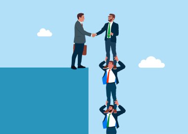 İş adamlarıyla birleşme ve birleşme, el sıkışma, başarı. İş adamları birbirlerini omuzlarında taşıyorlar. Düz vektör illüstrasyonu