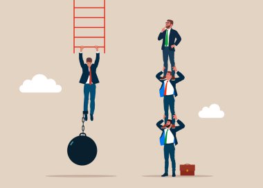 İş rekabeti. İş adamları birbirlerini omuzlarında tutuyorlar. Yukarı doğru koşuyorlar. İş adamları merdivenden yükle çıkıyorlar. Güç çatışması konsepti. Düz vektör illüstrasyonu