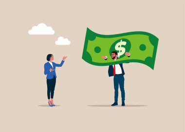 Vergi yükü, finansal sorun ve zorluk. İşadamı kafasını giyotin banknot dolarına sokmuş. Aşağılanma ve cezalandırma. İşveren hakimiyeti sömürüsü. Vektör illüstrasyonu