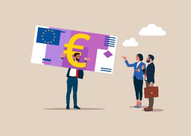 İş adamı kafasını giyotin banknotuna koydu. Aşağılanma ve cezalandırma. İşveren hakimiyeti sömürüsü. Vergi yükü, finansal sorun ve zorluk. Düz vektör illüstrasyonu