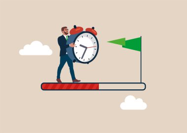 Saati başından başarısına kadar olan bir iş adamı. Kariyer yolu. İlerlemene meydan oku ve yarışı kazan. Düz vektör illüstrasyonu.