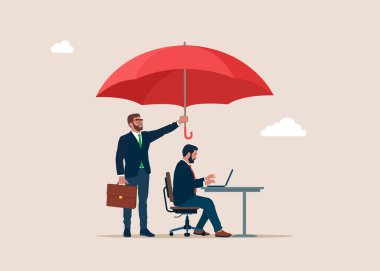 İş adamı şemsiyesini tutuyor, ortağı da korunuyor. Çöküşten iş koruması. Vektör illüstrasyonu.