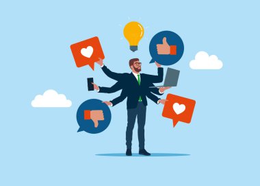 Altı el. Sosyal medya iletişimi. İş adamının altı elinde sosyal medya olumlu ve olumsuz geri bildirim vizyonu var. Düz vektör illüstrasyonu.