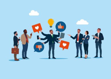 Altı el. İş ekibi. Sosyal medya iletişimi. İş adamının altı elinde sosyal medya olumlu ve olumsuz geri bildirim vizyonu var. Vektör illüstrasyonu.