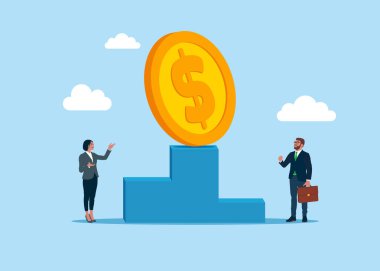 İlk podyumda duran bir dolar. İş ve kariyer başarısı. Düz biçimli modern vektör illüstrasyonu