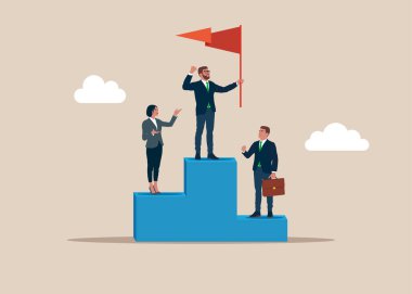 Galibiyet kürsüsünde kırmızı bayrak taşıyan başarılı bir işadamı. Liderlik ya da mücadele ve başarı kavramı. Düz vektör illüstrasyonu