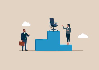 Şirkette en yüksek mevkide iş bulma konusunda iyimser olan iş başvurusu yapan kız. Kariyer başarısı. Yetenekler için yönetim kurulu başkanı. Düz vektör illüstrasyonu 