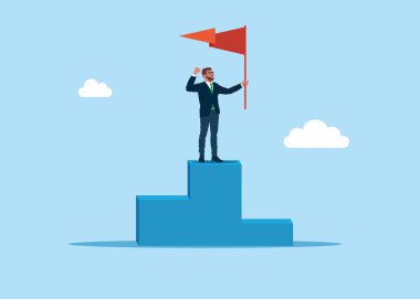 Gururlu işadamı birinci sırada kırmızı bayrak taşıyor. Başarının ve kariyer zaferinin kutlanması. Vektör illüstrasyonu.