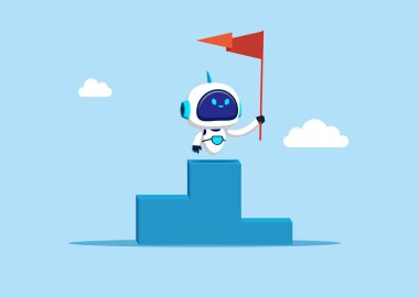 Birinci sırada kırmızı bayrak taşıyan gururlu robot. Başarının ve kariyer zaferinin kutlanması. Vektör illüstrasyonu.