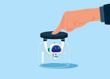 Robot cam kavanozun kapağını açmaya çalışıyor. İş teknolojisi. Teknolojik kısıtlamalar ya da durgunluk, yasaklama. Modern düz vektör illüstrasyonu 
