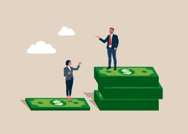 Adam çok daha fazla para alan banknotların üzerinde duruyor, kadın ise daha az gelir getiren banknotların üzerinde. Cinsiyet maaş farkı, kadın ve erkek maaşı, maaş veya gelir eşitsizliği. Vektör