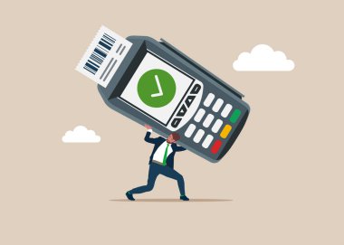 Stresli, üzgün, genç işadamı yönetici sırtında Pos makinesi ve makbuz taşıyor. Kart okuyucu cihazı kağıt para basıyor. Düz vektör illüstrasyonu