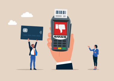 Kredi kartı olan bir iş adamı. Baş parmağı aşağıda olan bir telefon. İş teknolojisi. POS terminali ödemenin cep telefonundan yapıldığını doğrulamadı. Düz vektör illüstrasyonu