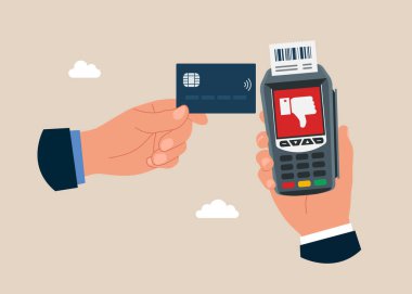 Kredi kartıyla. Baş parmağı aşağıda olan bir telefon. İş teknolojisi. POS terminali ödemenin cep telefonundan yapıldığını doğrulamadı. Düz vektör illüstrasyonu