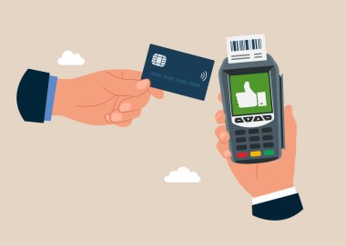 Kredi kartıyla. Elinde baş parmağı olan bir telefon. İş teknolojisi. POS terminali ödemenin cep telefonundan yapıldığını doğruladı. Vektör illüstrasyonu