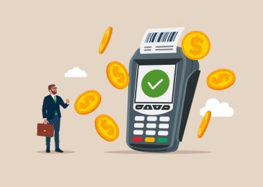 Sosyal medya, belgeler, posterler için işaretli ödeme terminalleri. Ödemeyi banka kartı, para ve güvenlik ile doğruluyor. Düz vektör illüstrasyonu