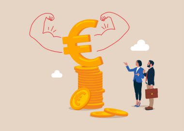 Finansal ve yatırım artışı. Güçlü bir jest yaparak Euro parasını imzala. Para gücü. Büyük saygı. Düz vektör illüstrasyonu